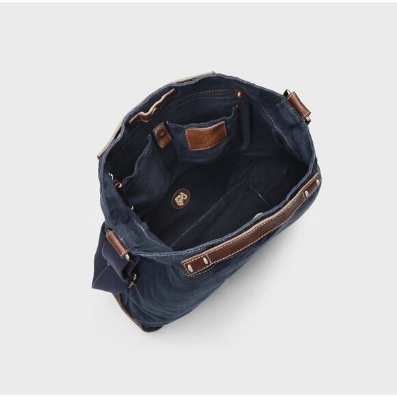 49 Square Miles Large Canvas Bucket Tote | Washed Navy Leather Trim, $275 - Picture 2 of 6
